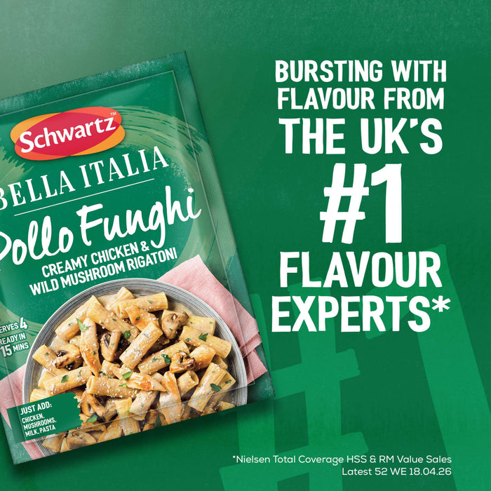 An advertisement features a packet of Schwartz Bella Italia Pollo Funghi Creamy Chicken & Wild Mushroom Rigatoni 30G next to a finished bowl of the pasta dish, set against a green background with promotional text.