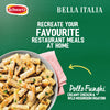 An advertisement for Schwartz Bella Italia Pollo Funghi Creamy Chicken & Wild Mushroom Rigatoni 30G shows a finished bowl of the creamy pasta dish against a green background with the text 'Recreate your favourite restaurant meals at home'.