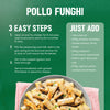 An infographic showing the 3-step recipe and ingredients needed to create a creamy pasta dish using the Schwartz Bella Italia Pollo Funghi Creamy Chicken & Wild Mushroom Rigatoni 30G seasoning mix.