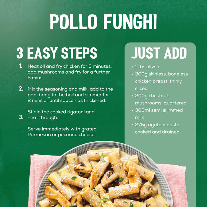 An infographic showing the 3-step recipe and ingredients needed to create a creamy pasta dish using the Schwartz Bella Italia Pollo Funghi Creamy Chicken & Wild Mushroom Rigatoni 30G seasoning mix.