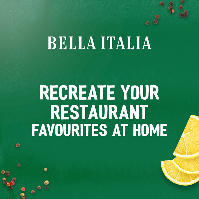 A promotional image for Schwartz Bella Italia Pollo Funghi Creamy Chicken & Wild Mushroom Rigatoni 30G features the text 'Recreate your restaurant favourites at home' on a green background with peppercorns and lemon slices.