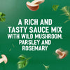 An advertisement for Schwartz Bella Italia Pollo Funghi Creamy Chicken & Wild Mushroom Rigatoni 30G shows the key ingredients of wild mushroom, parsley, and rosemary floating against a textured green background.