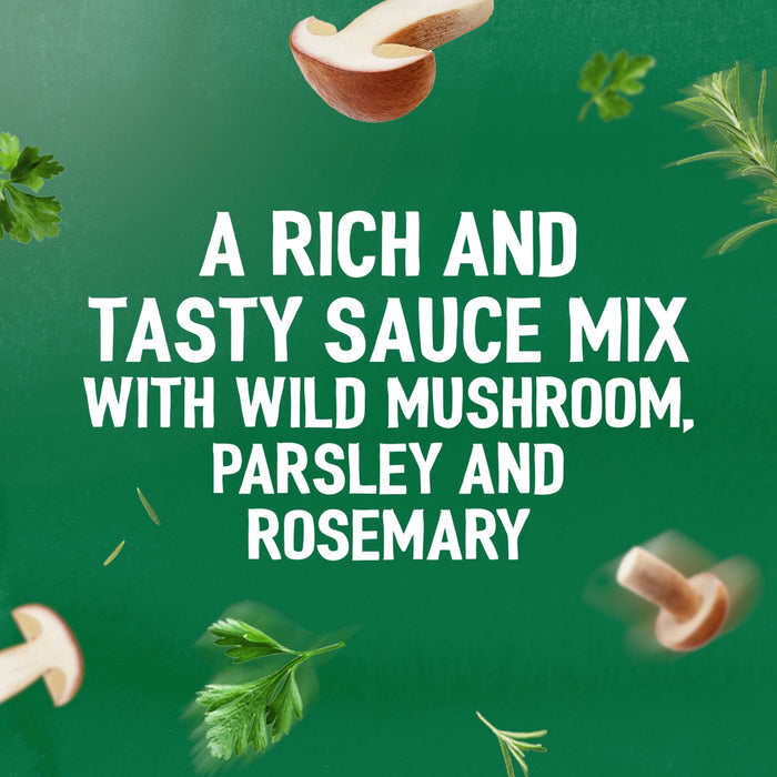 An advertisement for Schwartz Bella Italia Pollo Funghi Creamy Chicken & Wild Mushroom Rigatoni 30G shows the key ingredients of wild mushroom, parsley, and rosemary floating against a textured green background.