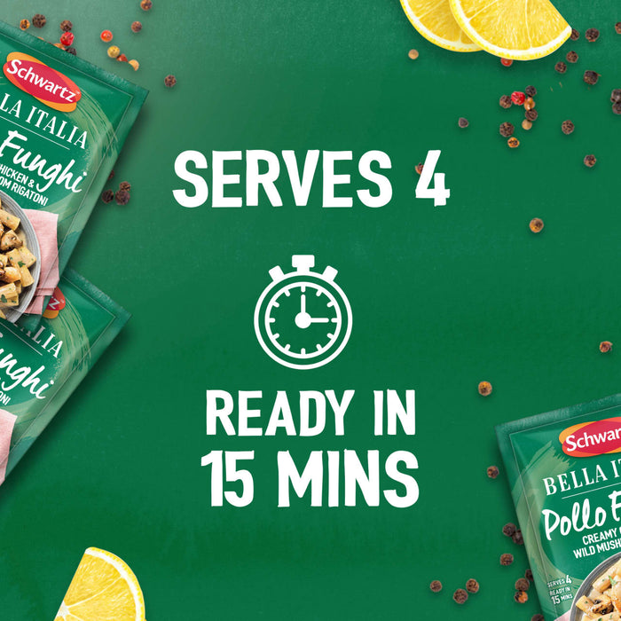 An advertisement shows packets of Schwartz Bella Italia Pollo Funghi Creamy Chicken & Wild Mushroom Rigatoni 30G on a green background with text that reads Serves 4, Ready in 15 mins.