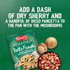 A packet of Schwartz Bella Italia Pollo Funghi Creamy Chicken & Wild Mushroom Rigatoni 30G is displayed with fresh mushrooms and diced pancetta, alongside a recipe tip suggesting to add sherry and pancetta to the dish.