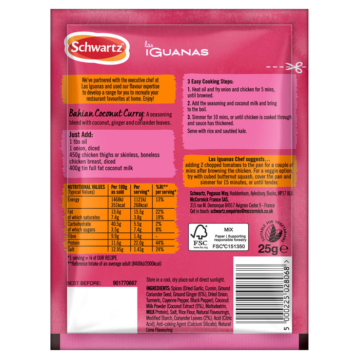 The front and back of a sachet of Schwartz Las Iguanas Bahian Coconut Curry 25G, showing the ingredients, nutritional information, and cooking instructions.