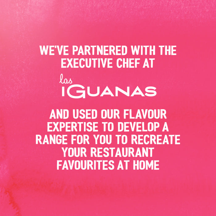 A promotional graphic for the Schwartz Las Iguanas Bahian Coconut Curry 25G features white text on a pink background, announcing a partnership with the executive chef at Las Iguanas to help you recreate restaurant favourites at home.