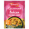A 25g packet of Schwartz Las Iguanas Bahian Coconut Curry seasoning mix featuring a vibrant pink background and a serving suggestion of the finished medium heat dish.