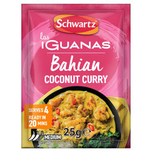 A 25g packet of Schwartz Las Iguanas Bahian Coconut Curry seasoning mix featuring a vibrant pink background and a serving suggestion of the finished medium heat dish.