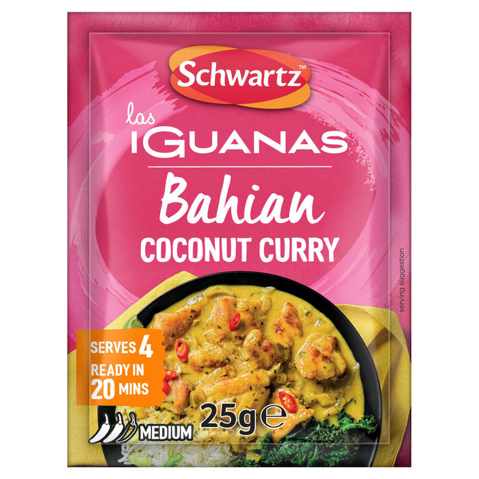 A 25g packet of Schwartz Las Iguanas Bahian Coconut Curry seasoning mix featuring a vibrant pink background and a serving suggestion of the finished medium heat dish.
