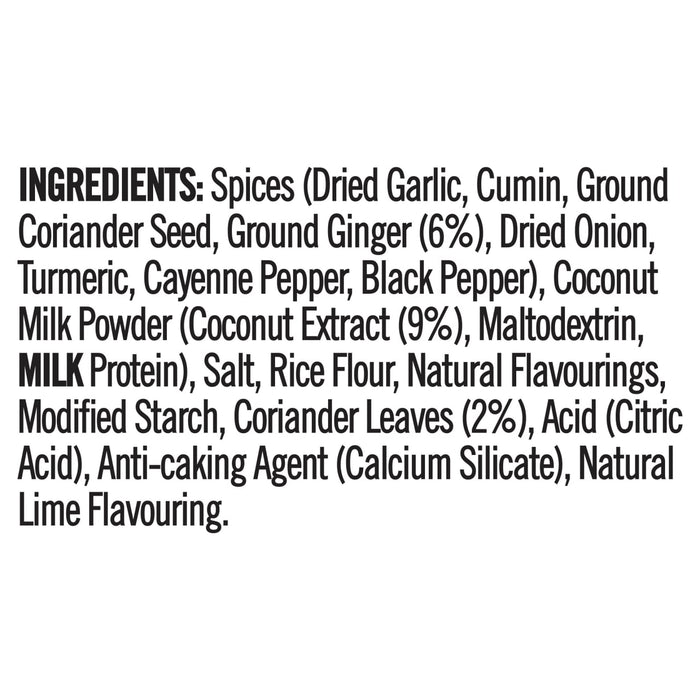 The ingredients list for Schwartz Las Iguanas Bahian Coconut Curry 25G, which includes spices, coconut milk powder, and coriander leaves.