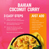 An infographic showing the 3 easy steps and ingredients needed to make a delicious Bahian Coconut Curry using the Schwartz Las Iguanas Bahian Coconut Curry 25G seasoning mix.