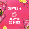 Packets of Schwartz Las Iguanas Bahian Coconut Curry 25G are displayed on a vibrant pink background in an advertisement stating the meal serves 4 and is ready in 20 minutes.