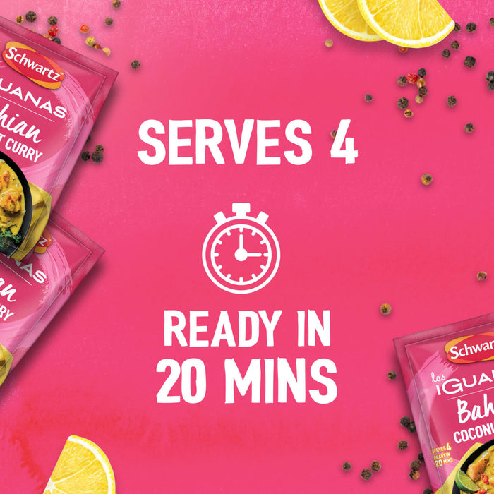 Packets of Schwartz Las Iguanas Bahian Coconut Curry 25G are displayed on a vibrant pink background in an advertisement stating the meal serves 4 and is ready in 20 minutes.