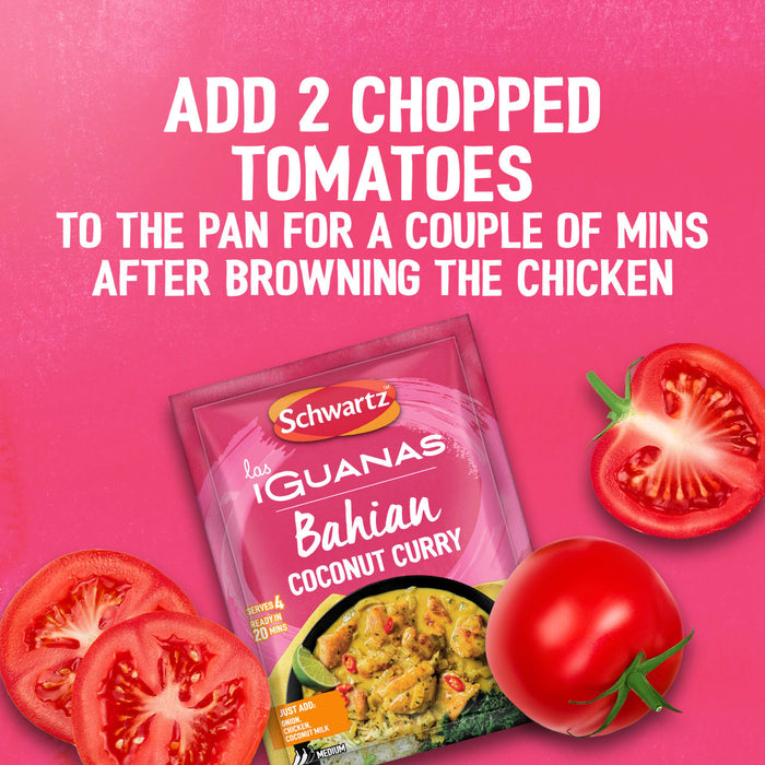 A sachet of Schwartz Las Iguanas Bahian Coconut Curry 25G is displayed with fresh tomatoes on a pink background, offering a recipe tip to add chopped tomatoes after browning chicken.
