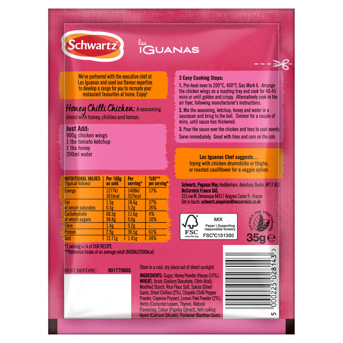 The back of a packet of Schwartz Las Iguanas Honey Chilli Chicken 35G, showing the ingredients, nutritional information, and cooking instructions.