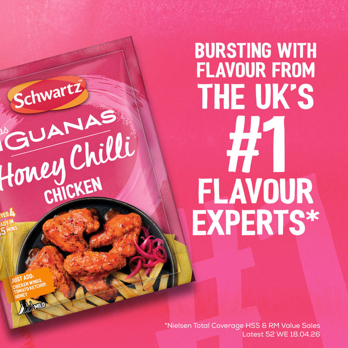 A promotional graphic for Schwartz Las Iguanas Honey Chilli Chicken 35G seasoning mix featuring a prepared dish of glazed chicken wings over fries and bold text identifying the brand as the UK number one flavour experts.