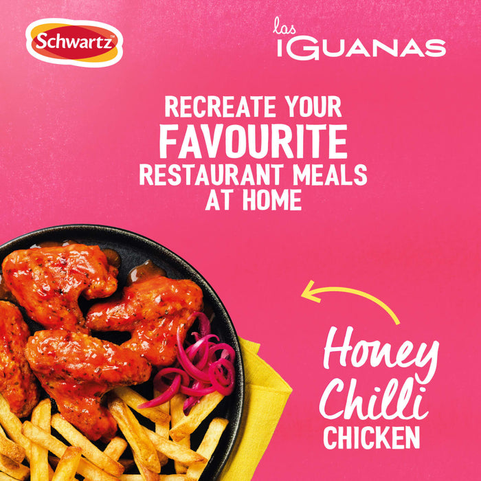 A promotional graphic for Schwartz Las Iguanas Honey Chilli Chicken 35G shows a plate of glazed chicken wings and fries against a vibrant pink background to inspire recreating restaurant meals at home.