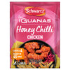 A pink seasoning packet for Schwartz Las Iguanas Honey Chilli Chicken 35G featuring a serving suggestion of glazed chicken wings over fries with pickled onions.