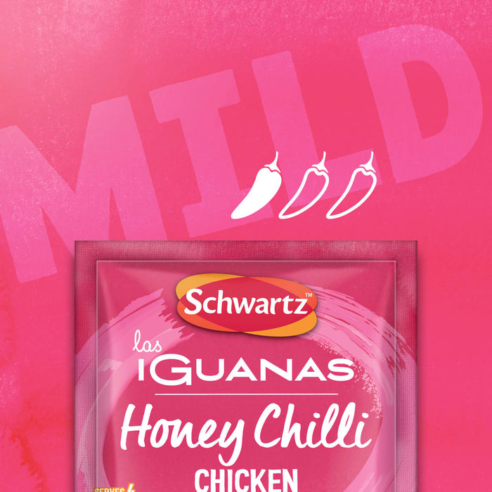 A pink seasoning sachet for Schwartz Las Iguanas Honey Chilli Chicken 35G is displayed against a vibrant pink background featuring the word MILD and three chili icons.