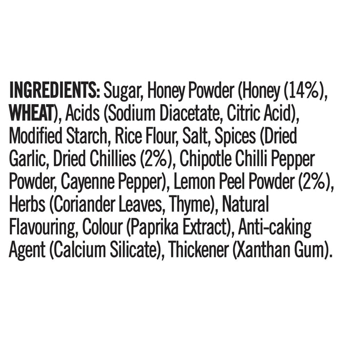 The ingredients list for the Schwartz Las Iguanas Honey Chilli Chicken 35G seasoning mix is displayed in bold, black text on a white background.