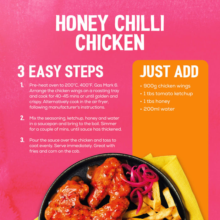 An infographic detailing the three easy steps to prepare Schwartz Las Iguanas Honey Chilli Chicken 35G using chicken wings, ketchup, honey, and water.