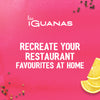 A vibrant pink promotional graphic for Schwartz Las Iguanas Honey Chilli Chicken 35G featuring the Las Iguanas logo and the text Recreate your restaurant favourites at home surrounded by peppercorns and lemon slices.