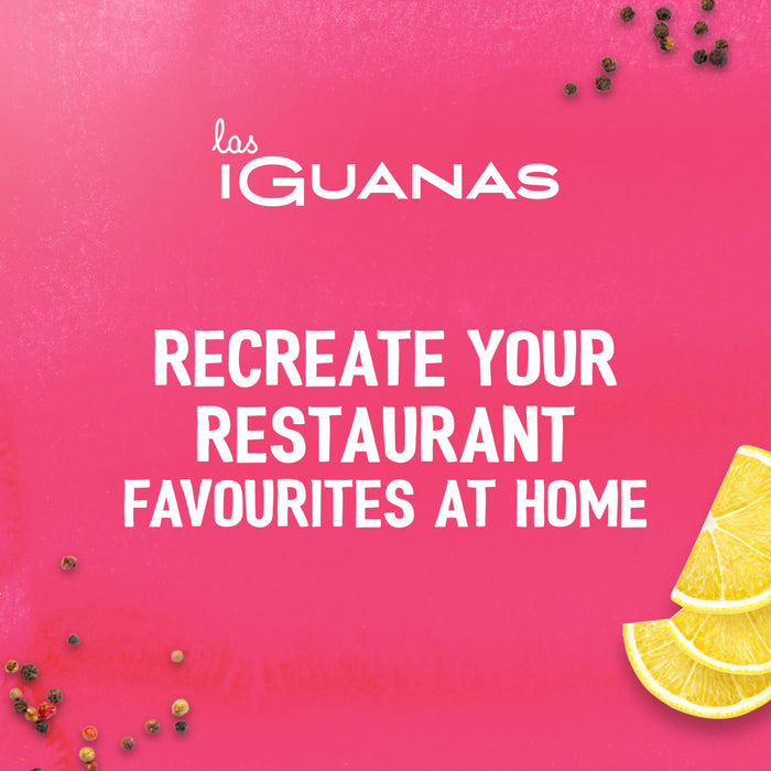 A vibrant pink promotional graphic for Schwartz Las Iguanas Honey Chilli Chicken 35G featuring the Las Iguanas logo and the text Recreate your restaurant favourites at home surrounded by peppercorns and lemon slices.