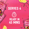 An infographic for Schwartz Las Iguanas Honey Chilli Chicken 35G featuring a stopwatch icon and text stating it serves four people and is ready in 45 minutes.