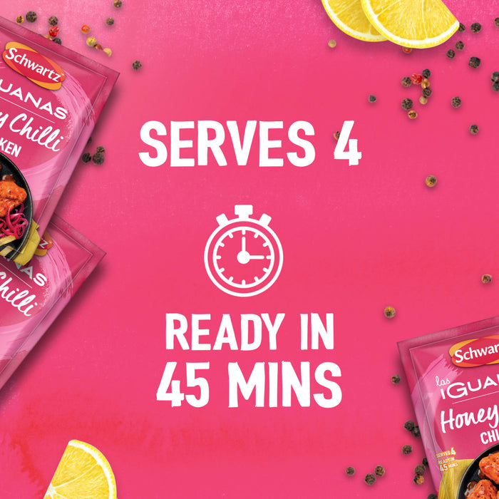 An infographic for Schwartz Las Iguanas Honey Chilli Chicken 35G featuring a stopwatch icon and text stating it serves four people and is ready in 45 minutes.