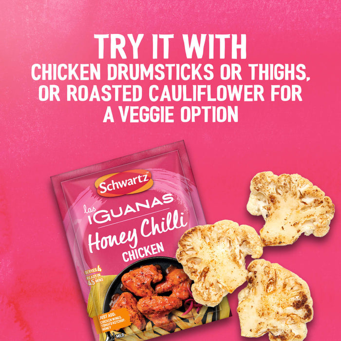 A promotional graphic for Schwartz Las Iguanas Honey Chilli Chicken 35G suggests trying the seasoning with chicken drumsticks or roasted cauliflower for a veggie option.