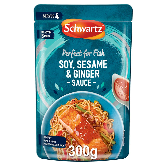 A 300g microwaveable pouch of Schwartz Forfish Dark Soy Sesame Ginger Sauce 300G featuring a serving suggestion of glazed salmon over a bed of noodles and vegetables.