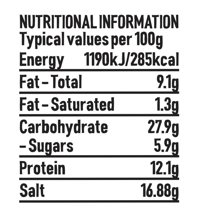 A nutritional information table for Schwartz Extra Spicy Cajun 42G Grill&Sizzl showing typical values per 100g including 285 calories and 16.88g of salt.
