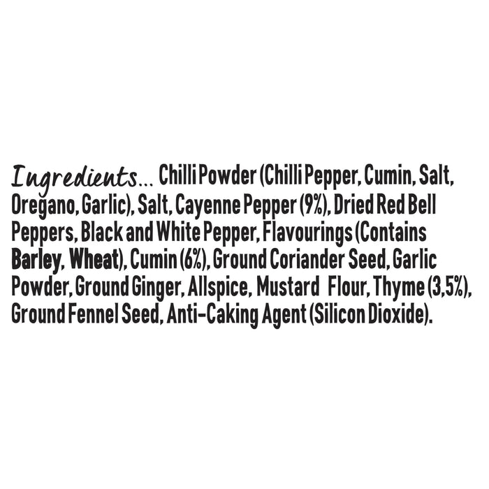 A detailed list of ingredients for Schwartz Extra Spicy Cajun 42G Grill&Sizzl including chilli powder, cayenne pepper, and various aromatic spices like cumin and coriander seed.