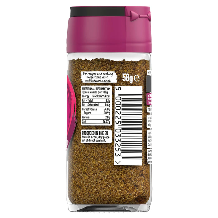 The back of a glass jar of Schwartz Chinese 5 Spice Seasoning 58G, showing the nutritional information, barcode, and storage instructions.