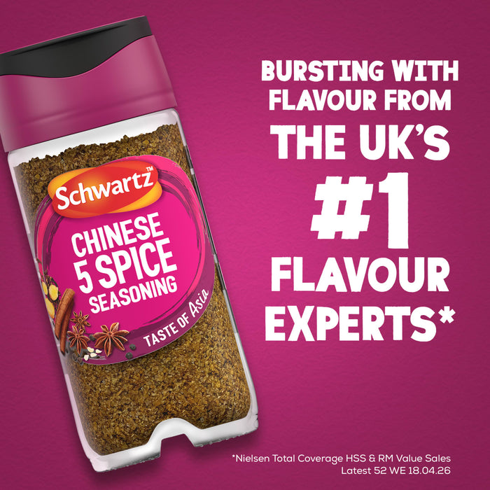 A bottle of Schwartz Chinese 5 Spice Seasoning 58G is displayed against a textured magenta background alongside text claiming the brand as the UK number one flavour experts based on Nielsen sales data.