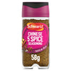 A clear glass jar of Schwartz Chinese 5 Spice Seasoning 58G is shown with a magenta and black lid, against a white background.