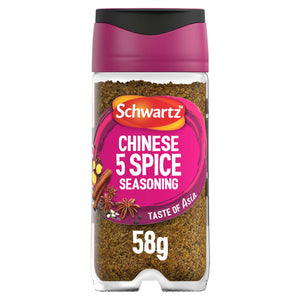 A clear glass jar of Schwartz Chinese 5 Spice Seasoning 58G is shown with a magenta and black lid, against a white background.