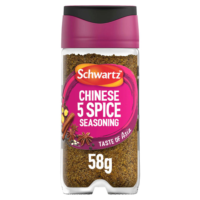 A clear glass jar of Schwartz Chinese 5 Spice Seasoning 58G is shown with a magenta and black lid, against a white background.