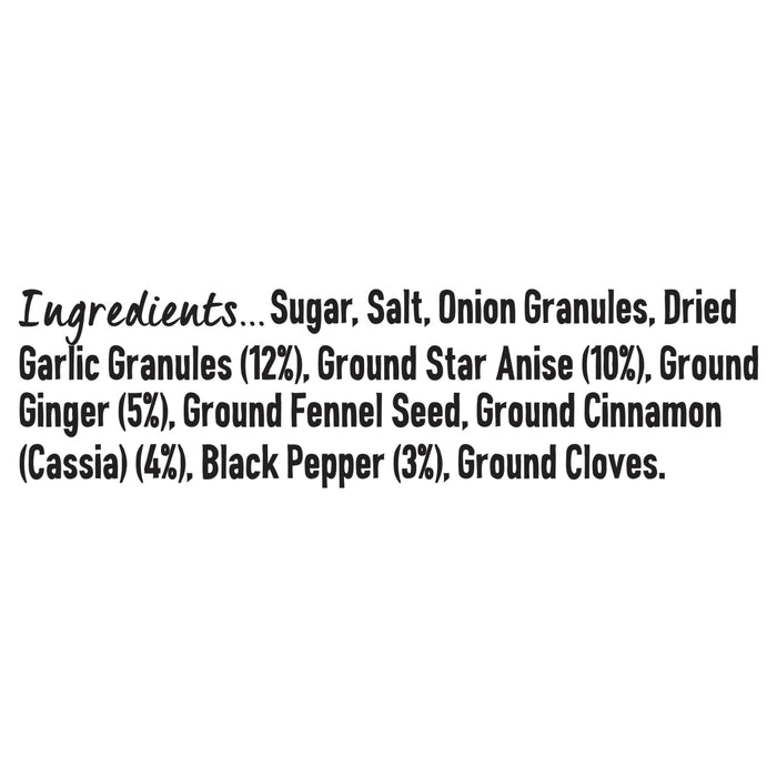 A list of the ingredients for Schwartz Chinese 5 Spice Seasoning 58G, including garlic granules, ground star anise, and ground ginger.