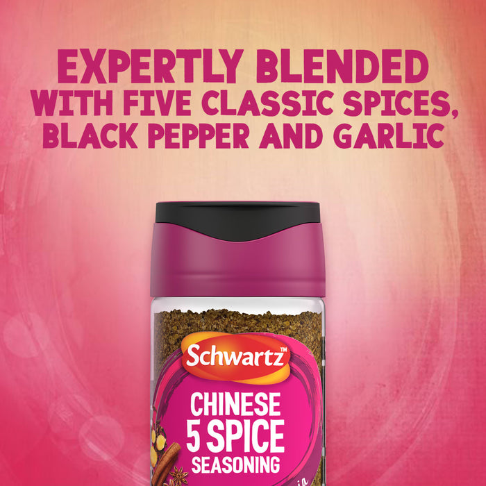 A jar of Schwartz Chinese 5 Spice Seasoning 58G is displayed against a pink textured background with text stating it is expertly blended with five classic spices, black pepper and garlic.