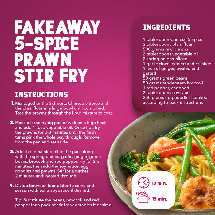 An infographic for a Fakeaway 5-Spice Prawn Stir Fry recipe featuring Schwartz Chinese 5 Spice Seasoning 58G as a key ingredient for coating the prawns.