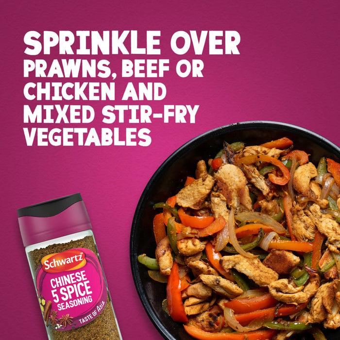A bottle of Schwartz Chinese 5 Spice Seasoning 58G is shown next to a pan of chicken and vegetable stir-fry with text suggesting to sprinkle it over prawns, beef, or chicken.