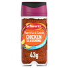 A clear glass jar of Schwartz Paprika and Lemon Chicken Seasoning Reduced Salt 43G featuring a vibrant orange label with illustrations of lemon wedges and red peppers.