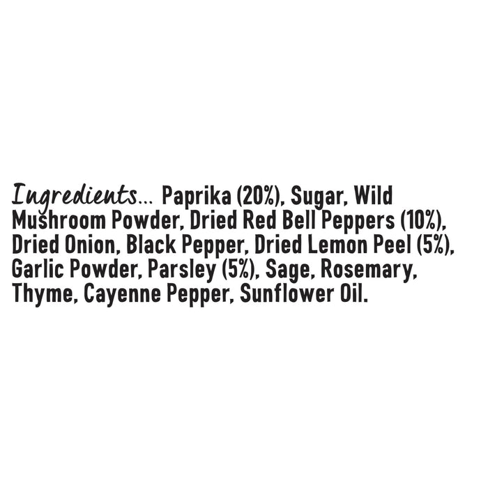 A detailed ingredient list for Schwartz Paprika & Lemon Chicken Seasoning Reduced Salt 43G featuring paprika, sugar, wild mushroom powder, and dried lemon peel.
