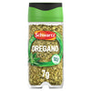 A clear, rectangular jar of Schwartz Oregano 7G is shown against a white background, displaying the dried green flakes inside.