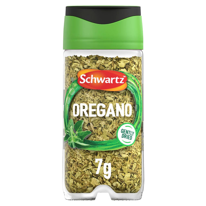 A clear, rectangular jar of Schwartz Oregano 7G is shown against a white background, displaying the dried green flakes inside.