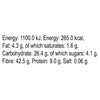 A nutritional information label for Schwartz Oregano 7G detailing energy content as 265 kilocalories and 42.5 grams of fibre per 100 grams.