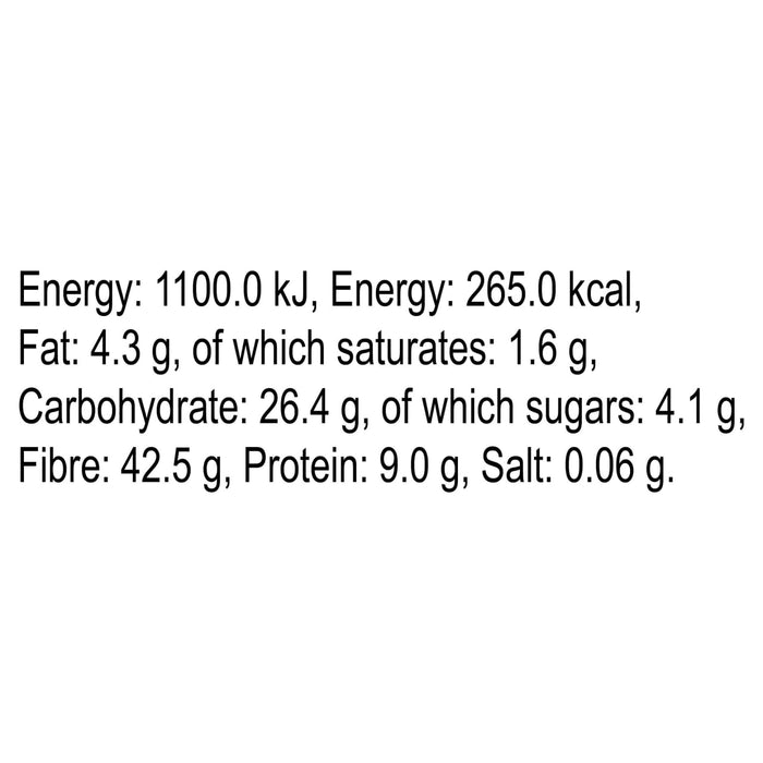 A nutritional information label for Schwartz Oregano 7G detailing energy content as 265 kilocalories and 42.5 grams of fibre per 100 grams.
