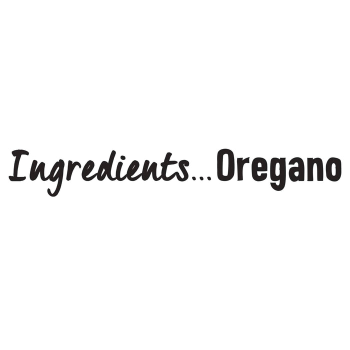 A graphic illustration displaying the simple ingredients list for Schwartz Oregano 7G in a stylized black font against a plain white background.